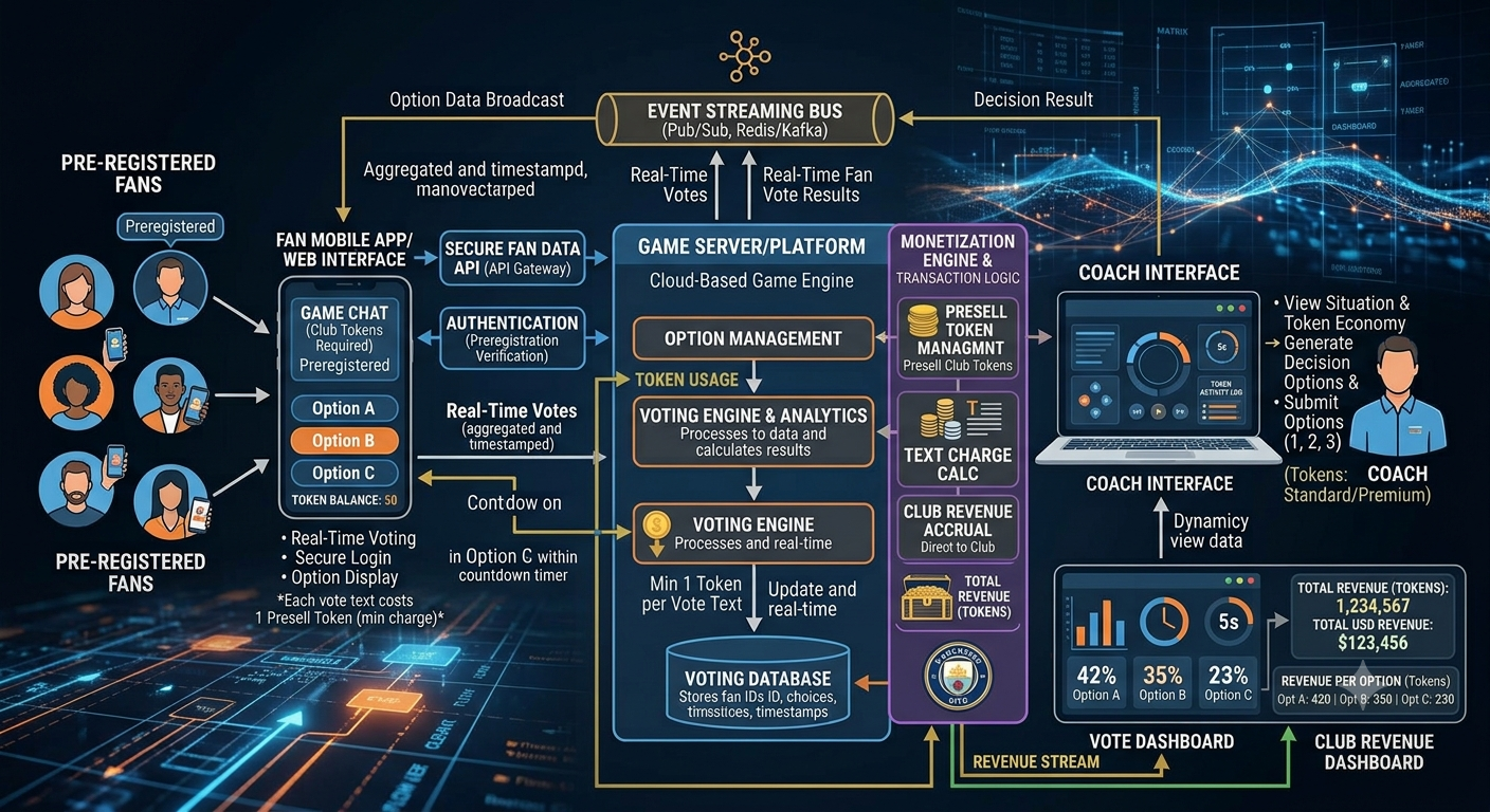 Fan Vote Online platform architecture — showing fan registration, token voting, game server, monetisation engine, coach interface and revenue dashboard